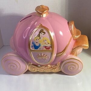Disney Princess Ceramic Pink Carriage Coach Piggy Bank Cinderella Belle Aurora